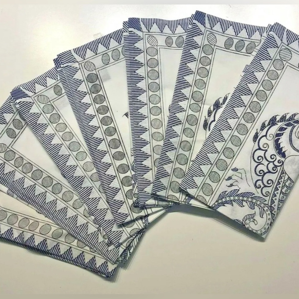 $350 KIM SEYBERT SET OF 7 DRAGON BLUE AND WHITE NAPKINS NEIMAN MARCUS